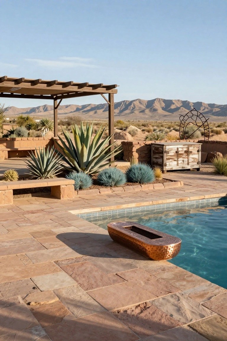 Semi-inground pool with turquoise tiles and copper basin at the edge, surrounded by warm terracotta pavers, agave plants, benches, wooden pergola, and desert mountains in the background.