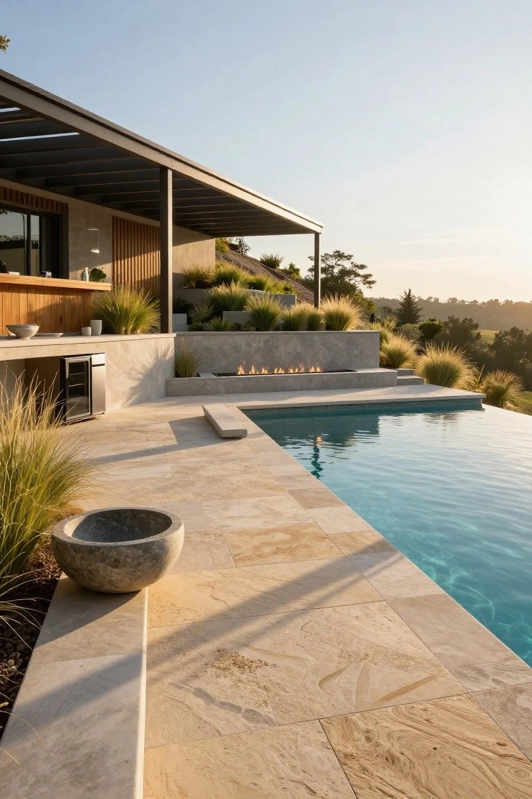 Side view of a turquoise infinity-edge semi-inground pool with beige travertine paver decking, adjacent linear gas fire pit, outdoor bar, beverage cooler, stone planter, and grasses on a hillside with house and landscape in background.