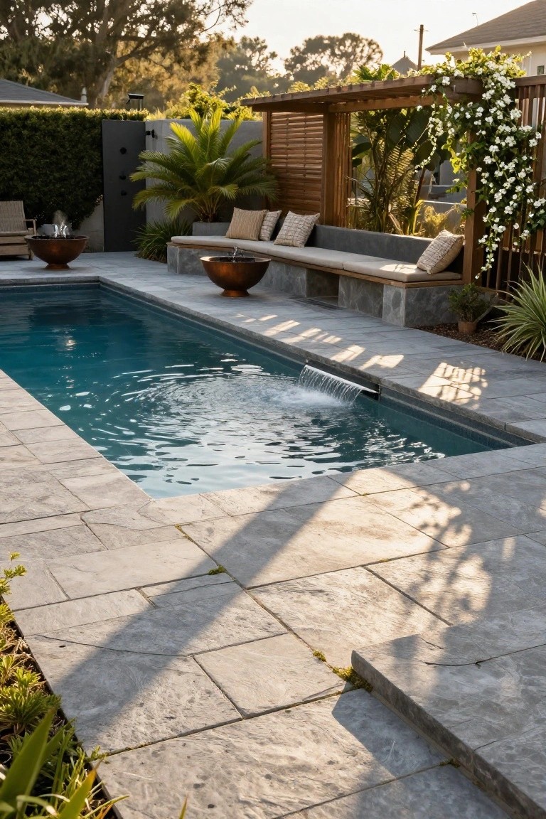 Semi-inground rectangular pool with turquoise water and edge waterfall, surrounded by light gray textured pavers, wooden bench seating with cushions, two metal fire bowls, potted palms and plants, pergola with white flowering vines, and tropical landscaping in a backyard at sunset.