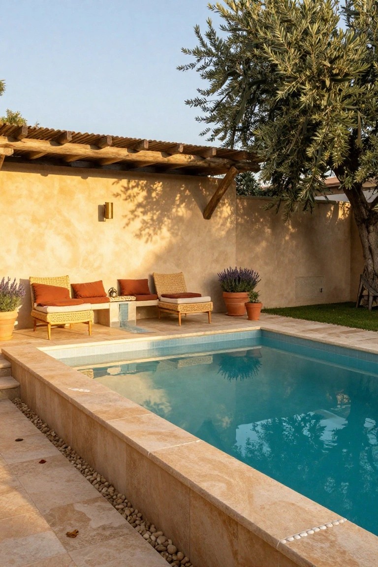 Semi-inground pool surrounded by beige travertine pavers, with rattan loungers, potted plants, and an olive tree against a stucco wall under a wooden pergola.