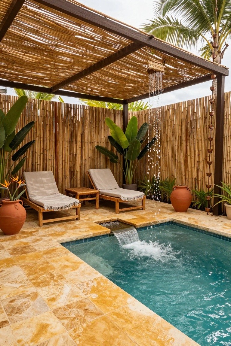 Small semi-inground turquoise pool with waterfall feature and warm beige paver tiles, flanked by lounge chairs, bamboo screens and pergola, potted plants, and overhead rain shower.