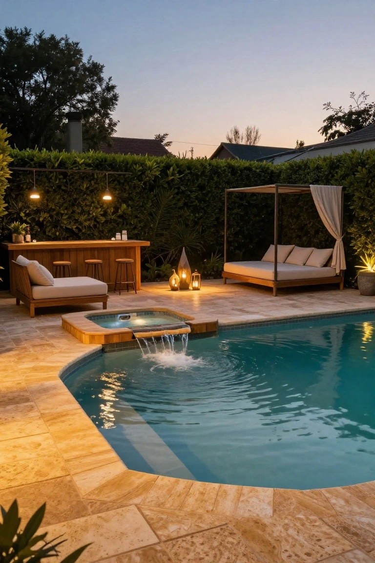 Dusk view of a backyard semi-inground pool with adjacent spa featuring a waterfall, surrounded by warm travertine pavers, wooden bar stools, daybed cabana with sheer curtains, lanterns, and tall hedges.
