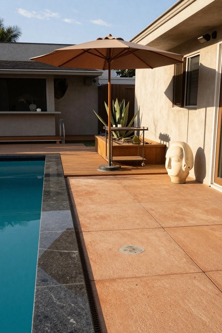 Semi-inground pool with black granite coping edged by warm reddish-brown pavers on a deck next to a wooden platform, beige umbrella, agave plants in a box, and stucco house wall.