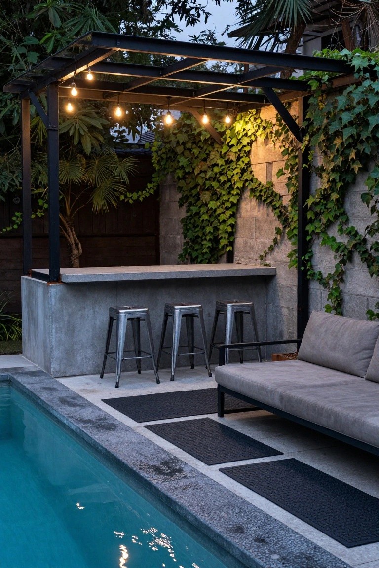 Semi-inground pool edged in concrete next to a matching concrete bar counter with three metal barstools, under a black steel pergola with string lights, ivy-covered block wall, and gray outdoor sofa on patio tiles.