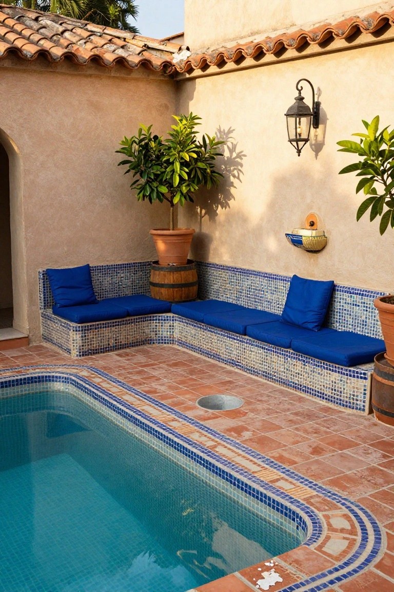 Semi-inground pool edged in blue mosaic tiles with built-in benches topped by blue cushions, surrounded by potted plants, a wall lantern, and terracotta pavers in a stucco courtyard.