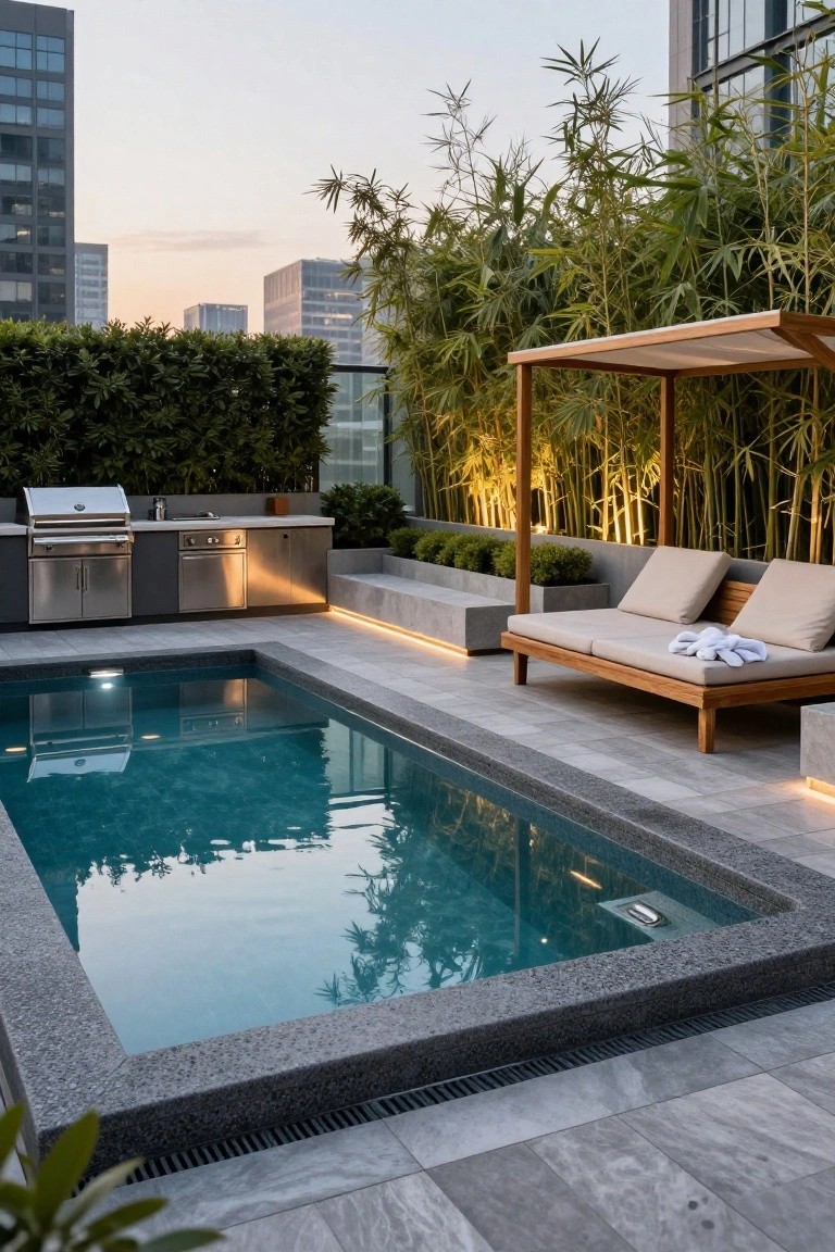 Rectangular semi-inground pool on a modern rooftop terrace with dark pebble edging, LED lights, stainless steel outdoor kitchen, wooden daybed, bamboo screens, hedges, and city buildings at dusk.