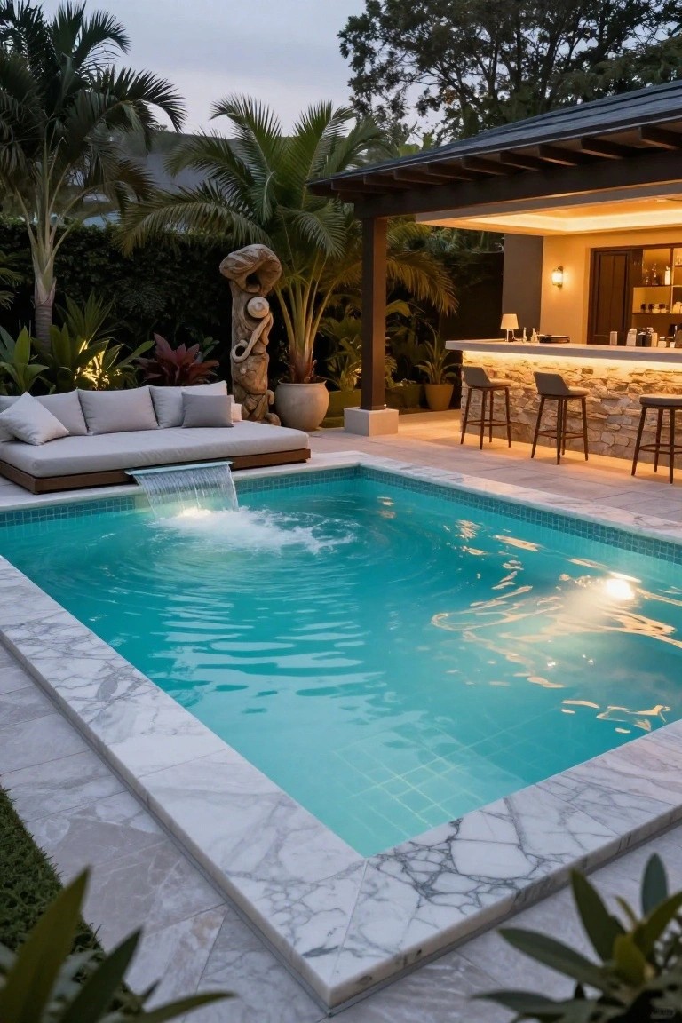 Semi-inground pool with turquoise tiled water, white marble surround, wooden daybed at one edge with waterfall cascading into the pool, tropical plants, sculpture, and outdoor bar with stools nearby.