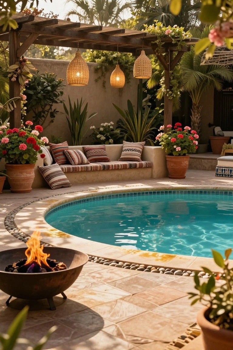 Round turquoise semi-inground pool with pebble and tile edging, metal fire pit with flames positioned nearby, curved built-in bench with woven cushions, large terracotta pots with flowers, hanging rattan lanterns under wooden pergola, and surrounding greenery in a courtyard setting.