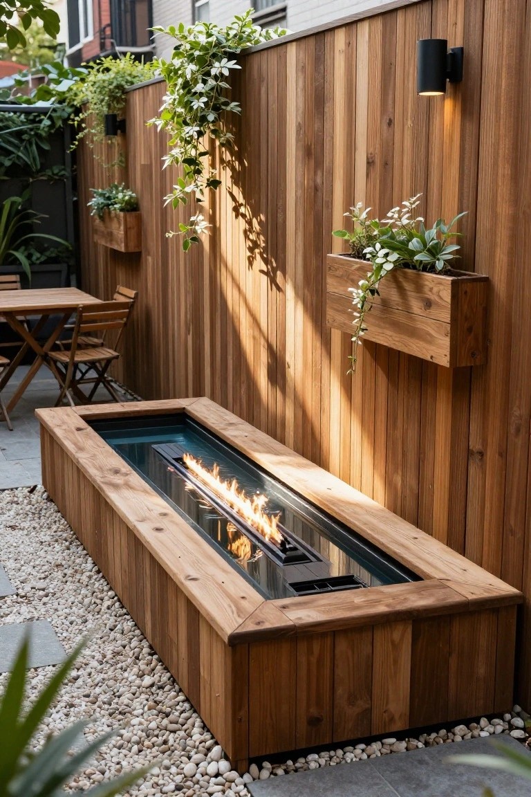Long rectangular wooden fire pit trough with flames burning over water, set in a pebbled and paver patio surrounded by wooden fence with planters, table and chairs in a backyard.