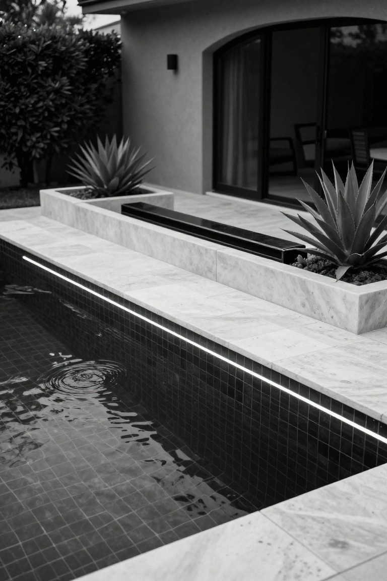 Black-and-white close-up of a semi-inground pool with dark mosaic tiles, white marble coping forming the edge and integrated rectangular planters with agave plants, next to a modern house with arched glass doors.