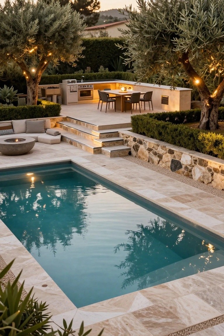 A turquoise rectangular semi-inground pool with beige travertine surround, bordered by a stone retaining wall, steps leading to a raised deck with outdoor kitchen and dining table, lower lounge area with fire pit, olive trees, and hedges.