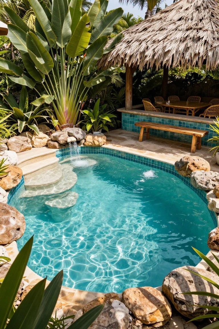 A small oval semi-inground pool with turquoise tiles, surrounded by natural boulders and stone steps leading into the water, near lush tropical plants and a thatched roof structure with wooden benches.