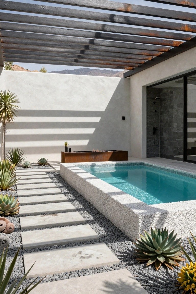Small turquoise semi-inground pool with white pebble aggregate walls, accessed by large gray concrete pavers over gravel ground, surrounded by desert plants including agaves and palms, next to a metal fire pit box and outdoor shower under a rusted steel pergola structure.