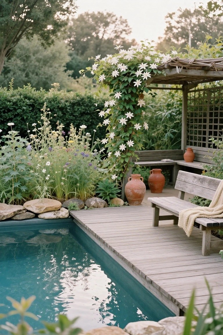 Pergola-Covered Bench by the Pool