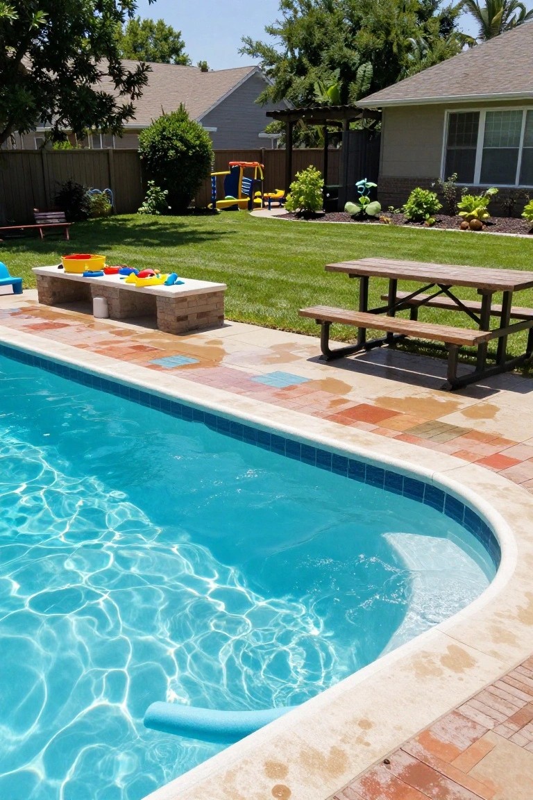 A backyard semi-inground blue pool with curved tiled edge and terracotta deck apron, wooden picnic table and benches positioned next to it, plus playground equipment and garden beds nearby.