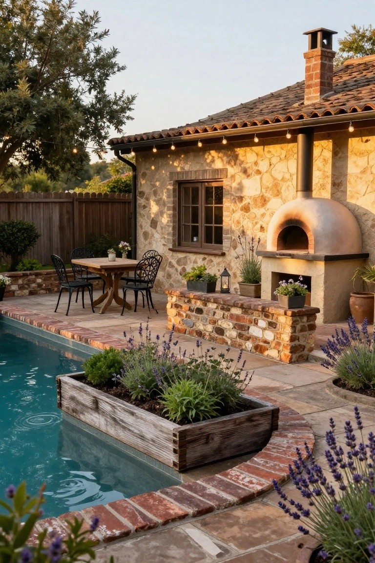 Semi-inground turquoise pool with a large wooden planter box filled with greenery along one edge, brick and stone patio nearby, wood-fired oven built into a stone wall, bistro table with chairs, and lavender plants surrounding the area.