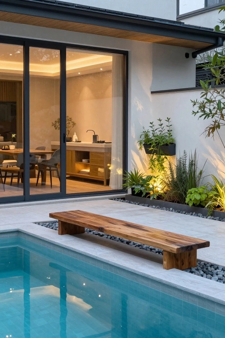 Semi-inground pool with turquoise tiles adjacent to a long wooden bench on a light stone patio, sliding glass doors from house interior visible in background with plants and pebbles around.