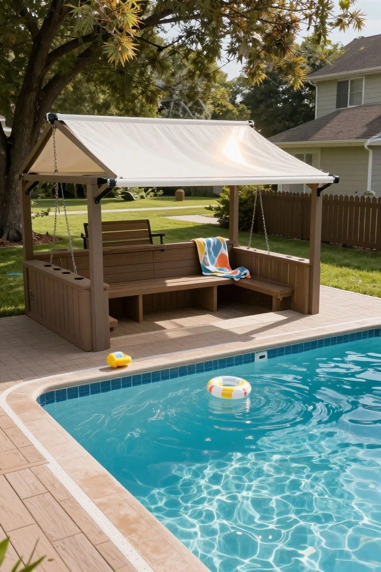 Wooden pavilion with beige benches, cup holders, hanging swing under white canopy next to a semi-inground pool with blue water, yellow pool toy on deck, and colorful towel draped over bench.