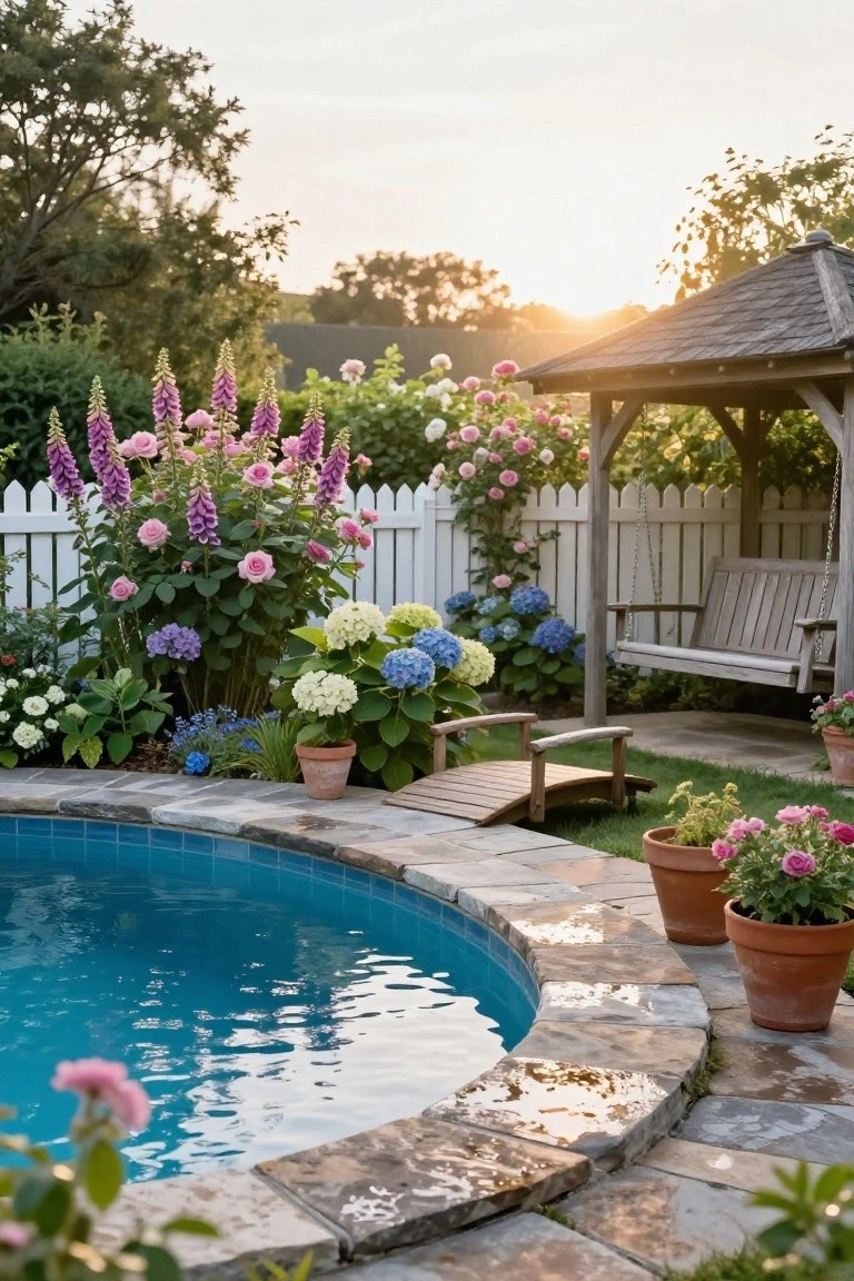 Curved blue-tiled semi-inground pool with stone surround and potted plants, wooden hanging swing bench under shingled pergola, small arched bridge, colorful flowers including foxgloves and hydrangeas, white picket fence, at sunset.