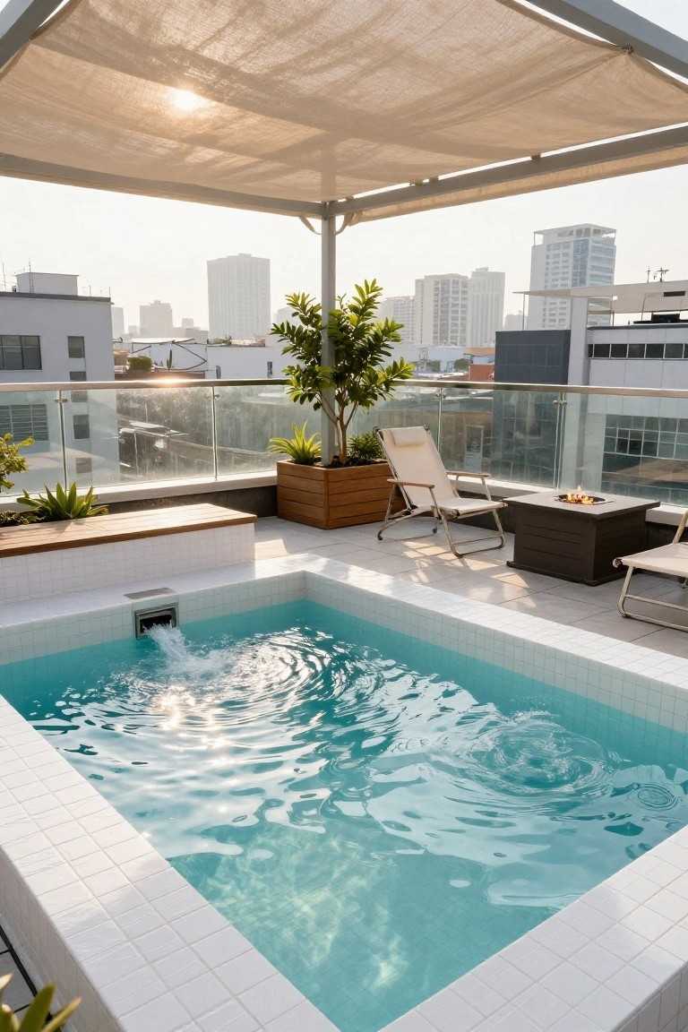 Rooftop terrace with small semi-inground turquoise pool featuring inflow grate, white tile surround, lounge chairs, fire pit table, potted plants, wooden bench, and beige fabric shade canopy overlooking city high-rises.
