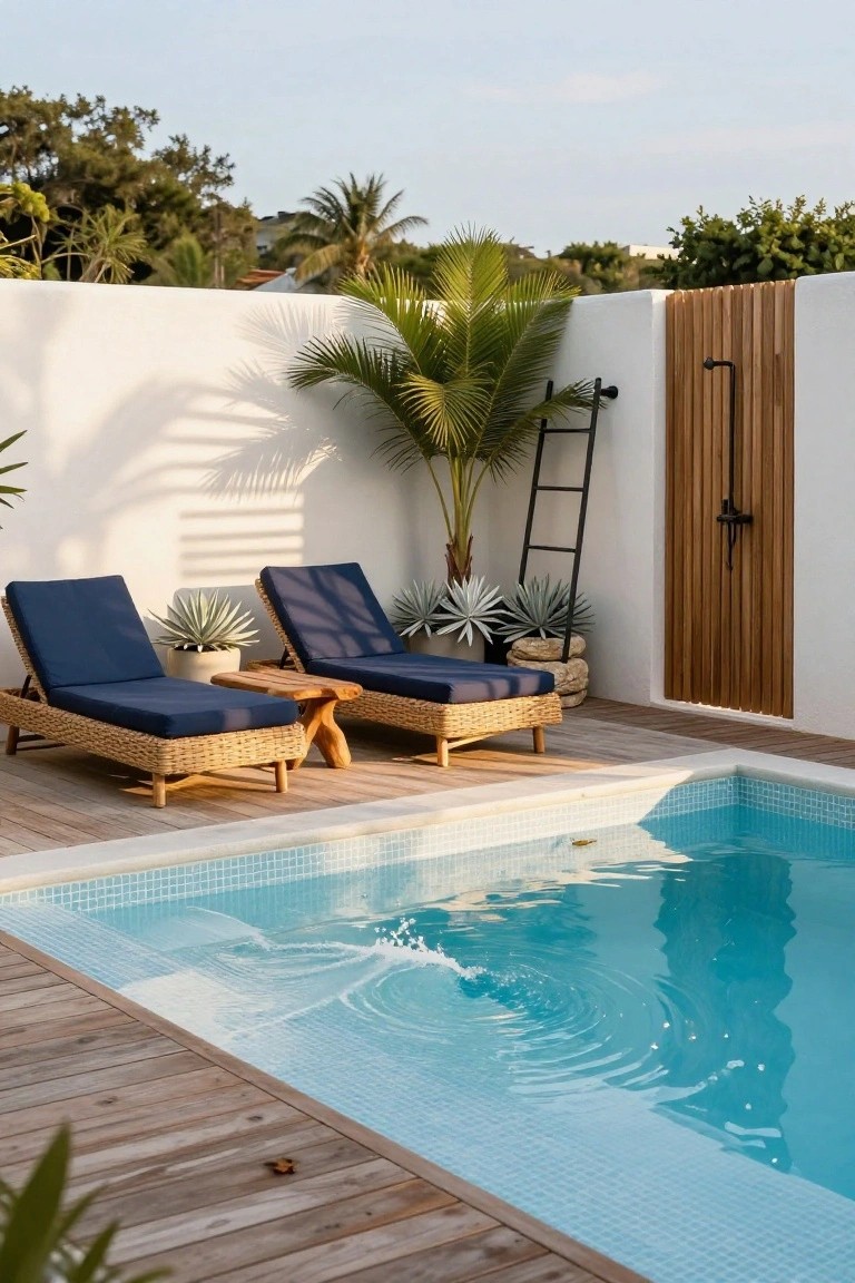 Small turquoise mosaic-tiled semi-inground pool edged by light wooden decking, flanked by two navy-cushioned rattan loungers on a wooden side table, with potted agave plants, a palm tree, black ladder, and wooden outdoor shower enclosure against white walls.