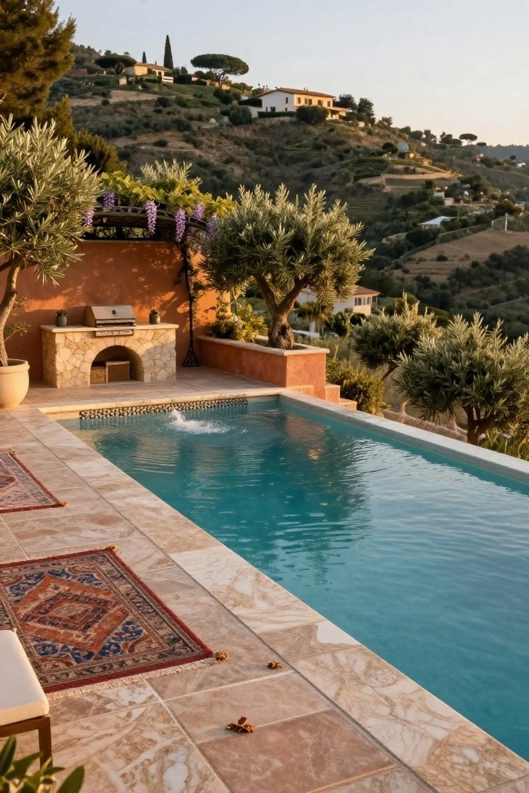 Turquoise semi-inground infinity-edge pool on a tiled terrace with stone barbecue, potted plants, olive trees, and patterned rugs, overlooking terraced hillside landscape at sunset.