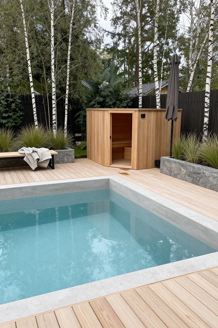 A turquoise semi-inground pool with concrete edging surrounded by light wood decking, adjacent wooden sauna cabin, bench with blanket, ornamental grasses, birch trees, and black fence in a backyard.