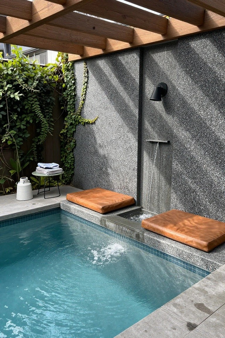 Small semi-inground pool with orange cushioned benches on raised concrete edges, gray textured wall with cascading water feature and wall light, greenery along fence, wooden pergola overhead, towels on side table.