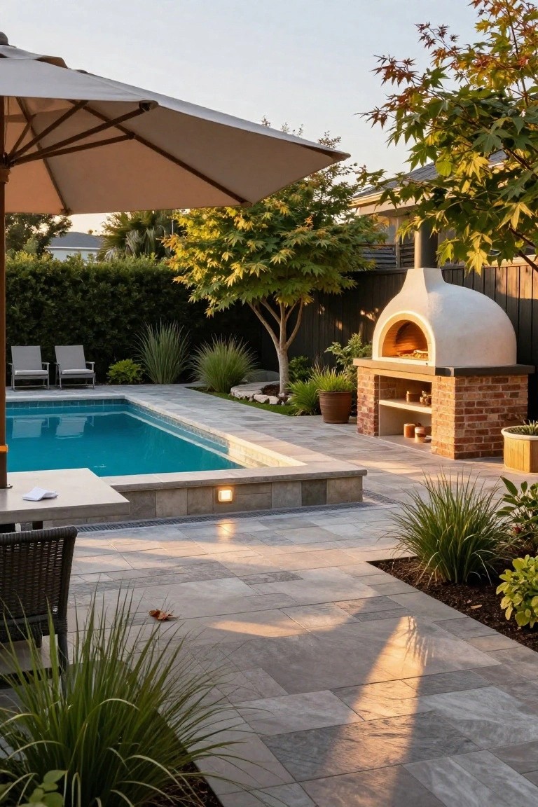 Backyard semi-inground turquoise pool next to a light gray tiled patio with two lounge chairs, a small dining table, brick BBQ counter with white dome wood-fired pizza oven, potted plants, grasses, trees, and a beige umbrella.