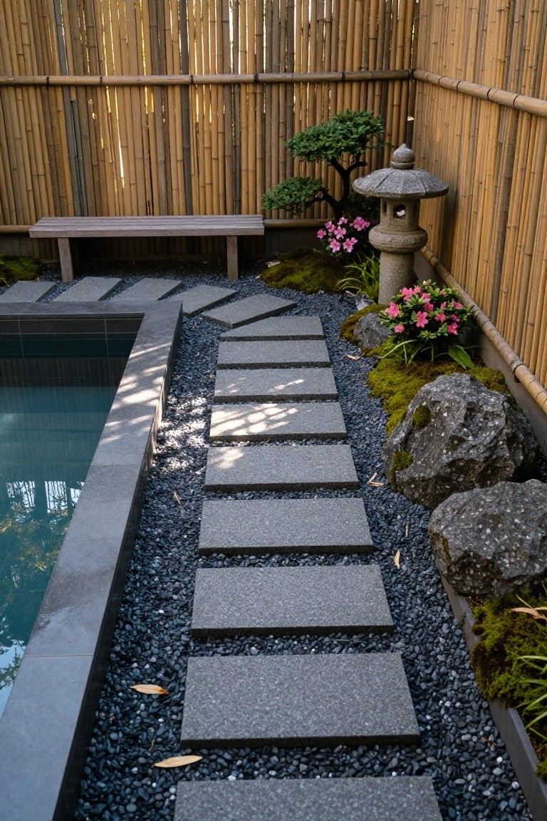 Semi-inground pool with irregular gray stone slabs set in black gravel forming a path, bordered by moss-covered rocks, low green plants, pink flowers, bonsai tree, stone lantern, wooden bench, and bamboo fencing.