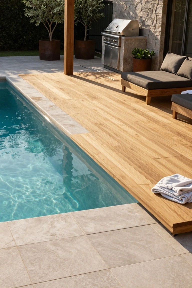 A semi-inground pool with light wooden deck boards extending over the water edge, a low gray daybed on the deck with a white towel, tiled gray patio surround, stone wall backdrop, built-in BBQ grill, and potted olive trees nearby.