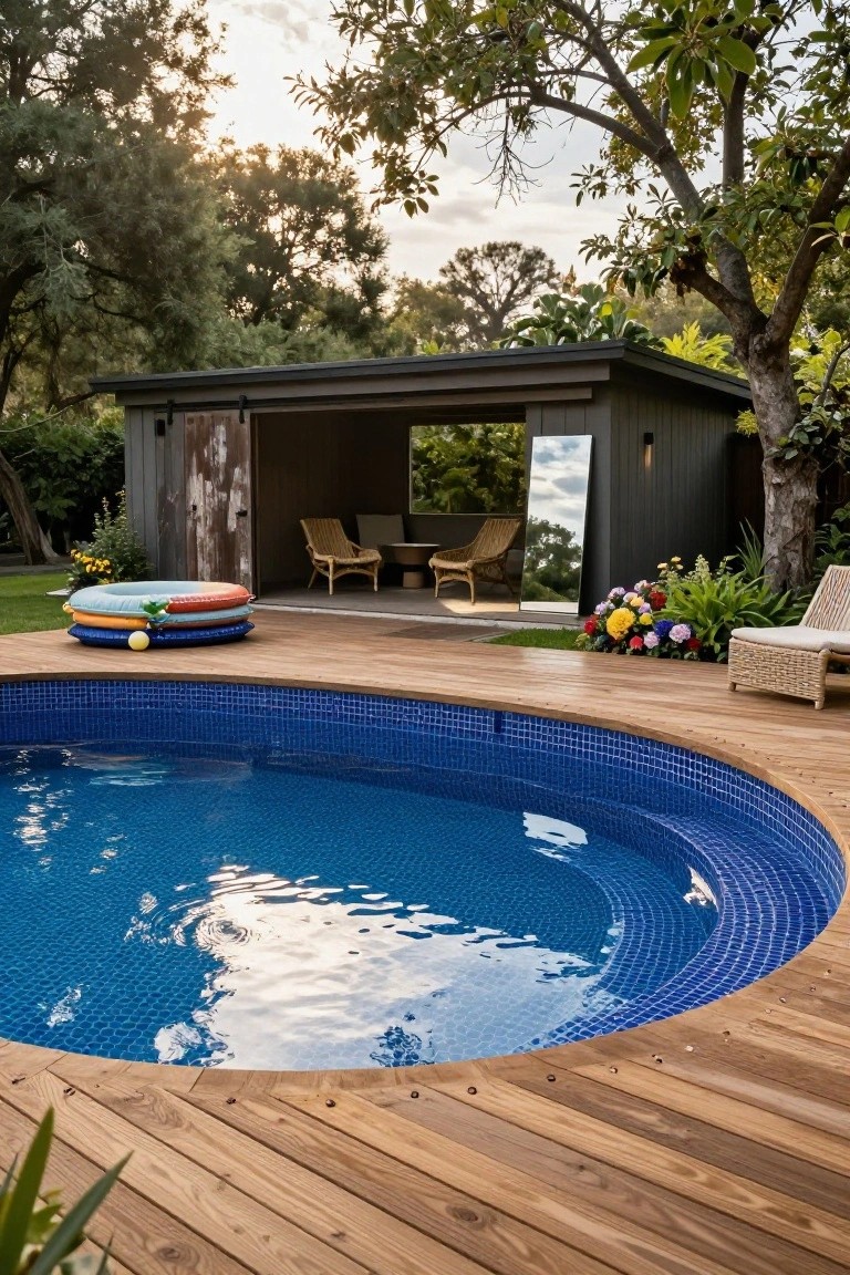 25 Dramatic Dark Blue Pool Tile Ideas With Visual Depth Curved in-ground swimming pool with dark blue mosaic tiles, surrounded by wooden decking, colorful pool floats stacked on the deck, a dark wood pool cabana with rattan chairs and a mirror, and garden plantings nearby.