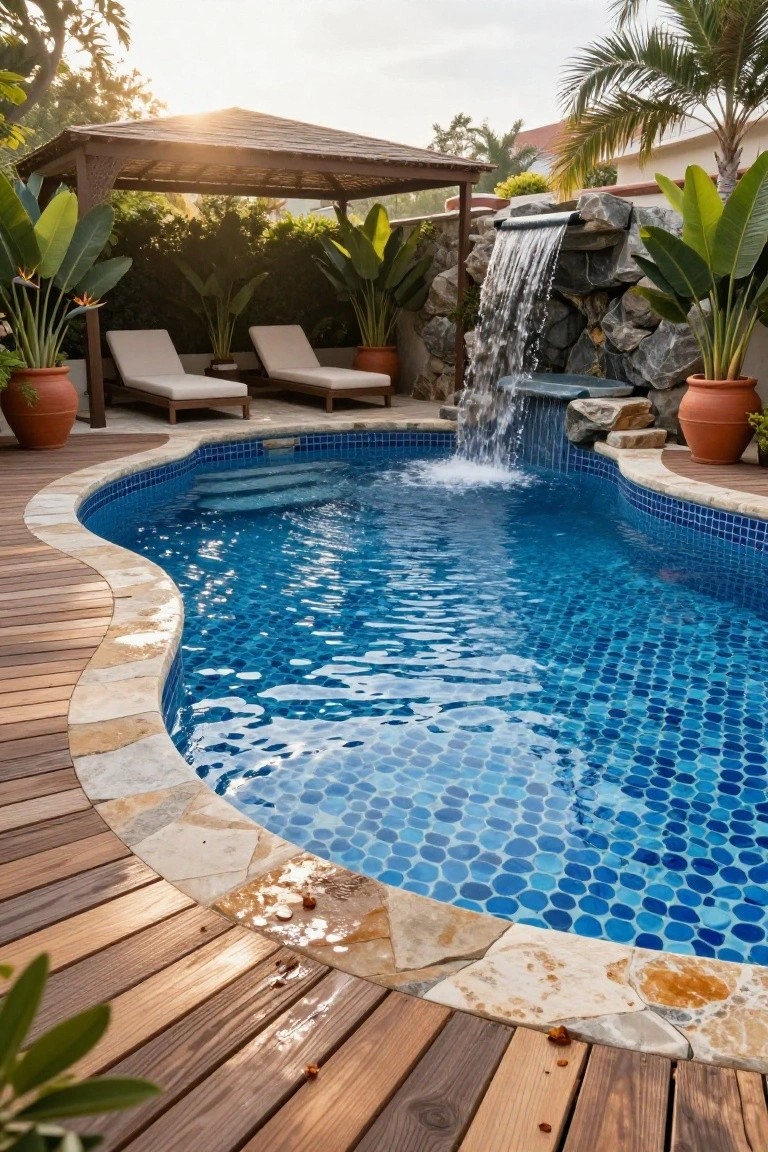 25 Dramatic Dark Blue Pool Tile Ideas With Visual Depth Curved Pool with Dark Blue Mosaic Tiles