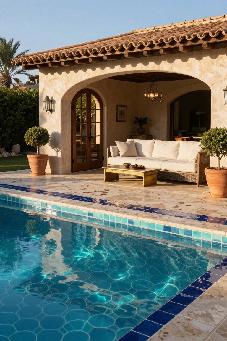 25 Dramatic Dark Blue Pool Tile Ideas With Visual Depth Poolside patio with beige stone decking, white sofa and gold coffee table, terracotta pots with plants, next to a pool of dark blue hexagonal mosaic tiles, and arched entry to beige stucco house with red tile roof.