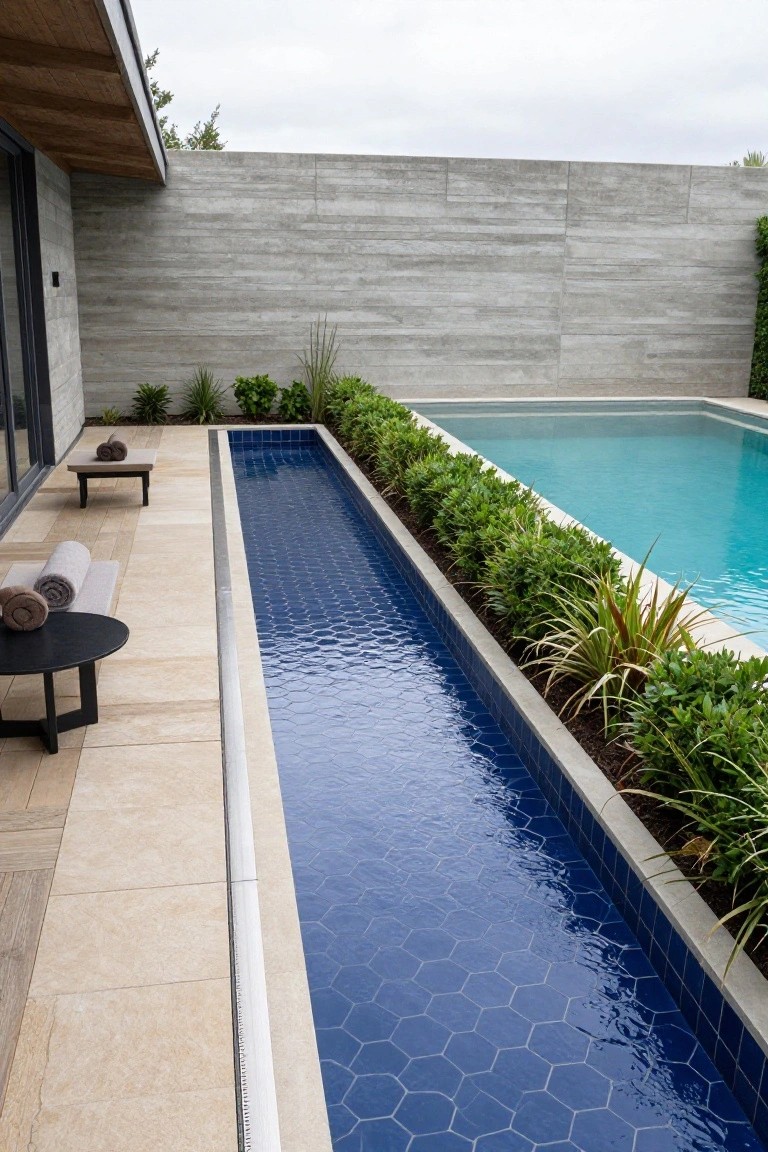 25 Dramatic Dark Blue Pool Tile Ideas With Visual Depth Narrow lap pool with dark blue hexagonal tiles alongside a beige tiled patio with lounge seating and a round black table, adjacent to a larger turquoise pool, concrete walls, and green plants.