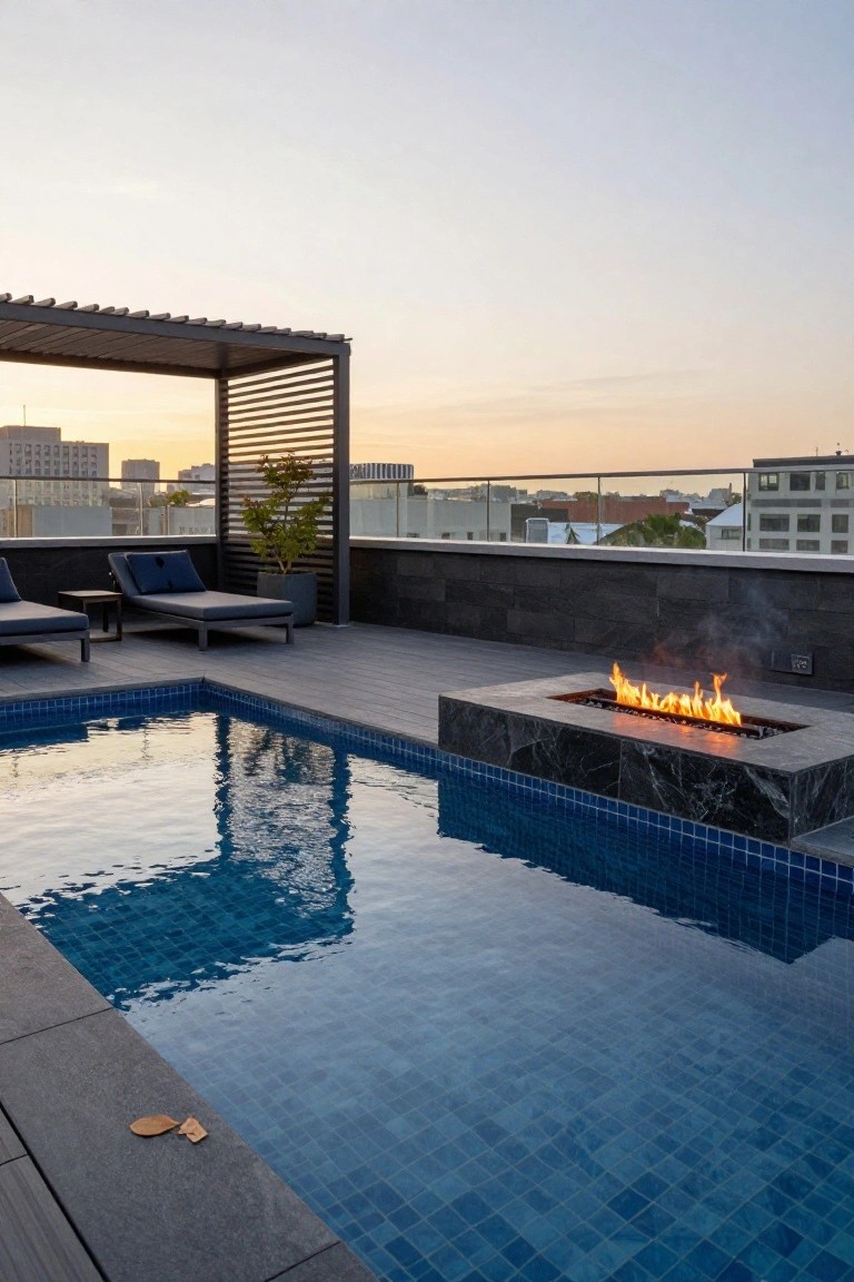 25 Dramatic Dark Blue Pool Tile Ideas With Visual Depth Rooftop pool area with rectangular pool lined in dark blue mosaic tiles, adjacent linear black stone gas fire pit with flames, two navy lounge chairs on wooden decking under slatted metal pergola, glass railing, plants, and city buildings at sunset.