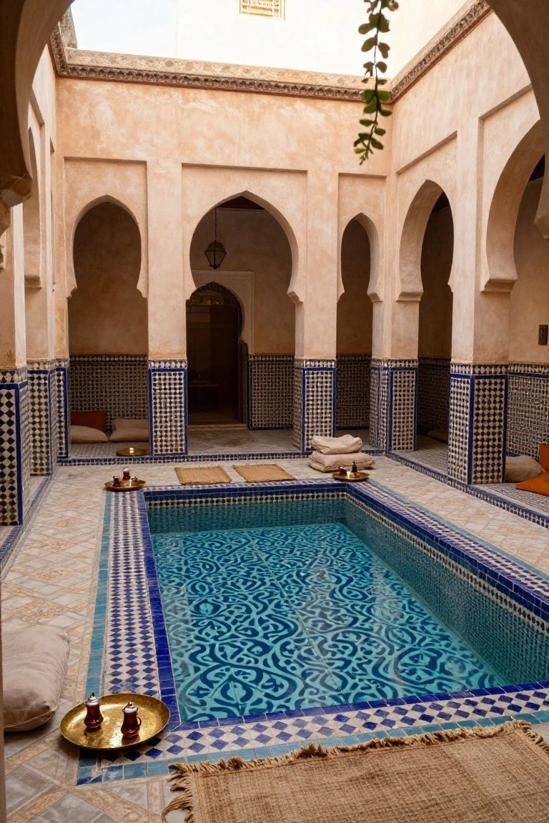 25 Dramatic Dark Blue Pool Tile Ideas With Visual Depth Indoor courtyard with rectangular pool tiled in dark blue swirling mosaic patterns, surrounded by beige arched walls, blue-and-white tiled benches with pillows, lanterns, and brass trays holding tea glasses.