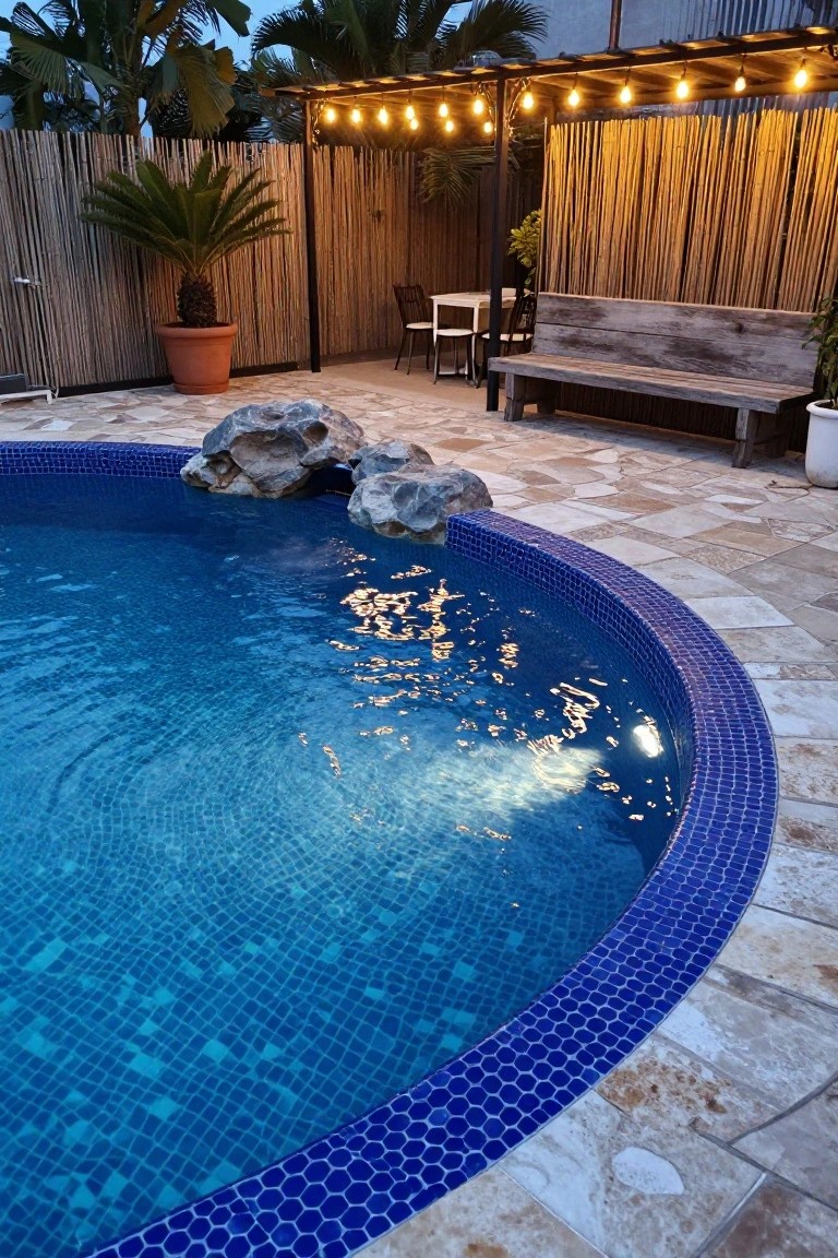 25 Dramatic Dark Blue Pool Tile Ideas With Visual Depth Curved backyard swimming pool with dark blue mosaic tile lining and edging, large rocks at one side, surrounded by tiled patio, bamboo fencing, potted palms, wooden bench, chairs, table, and string lights on a pergola.