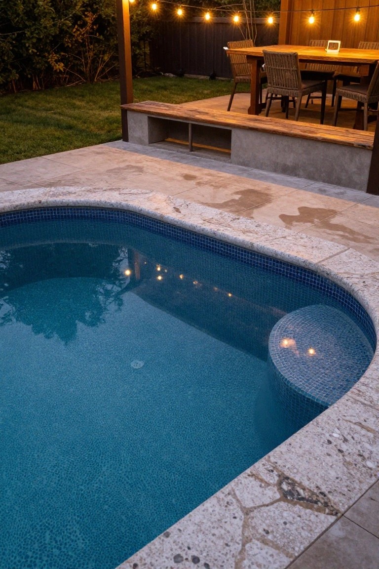 25 Dramatic Dark Blue Pool Tile Ideas With Visual Depth Curved plunge pool lined with dark blue mosaic tiles and a matching mosaic step, surrounded by light stone pavers, with string lights overhead and a wooden dining table on a deck in the background at dusk.
