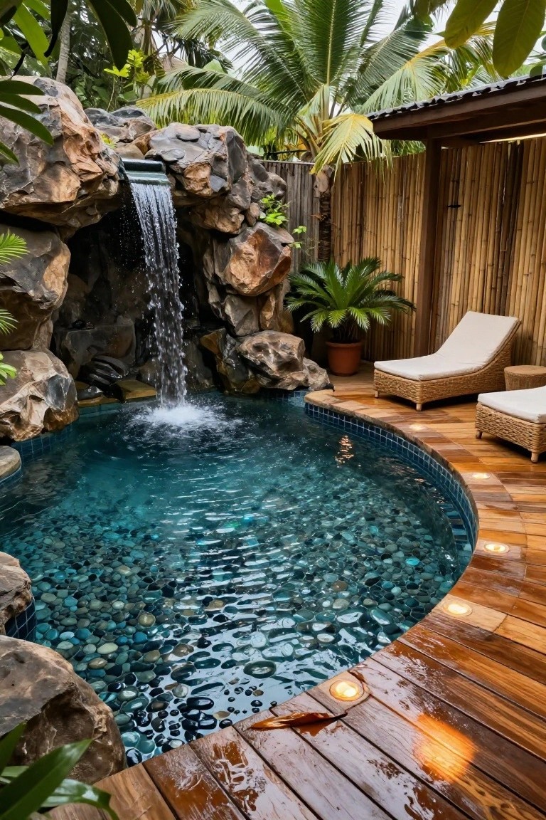25 Dramatic Dark Blue Pool Tile Ideas With Visual Depth Curved small pool with dark blue pebble bottom, rock waterfall, tropical plants, bamboo fence, wooden deck with lounge chairs, and underwater lights.