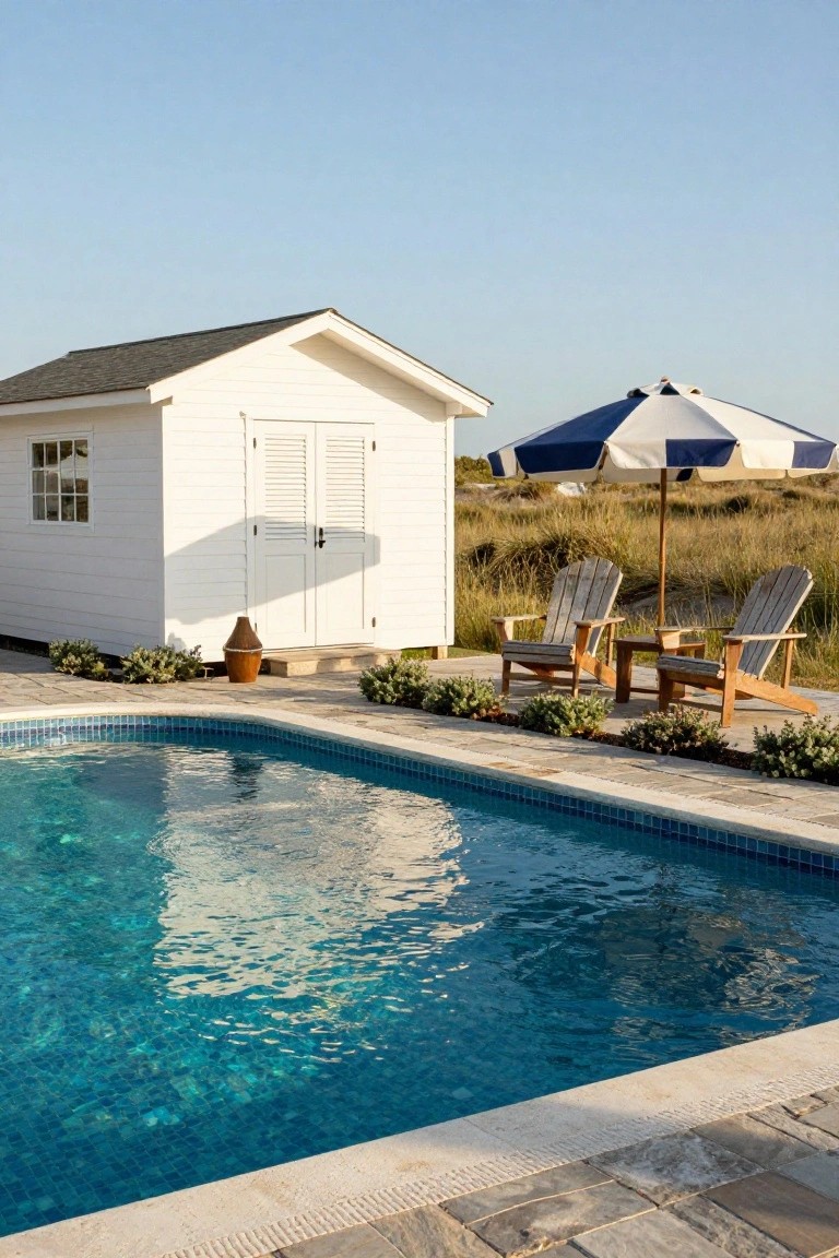 25 Dramatic Dark Blue Pool Tile Ideas With Visual Depth Rectangular pool with dark blue mosaic tiles and stone border, next to a white shed building, wooden Adirondack chairs on pavers under a blue-and-white umbrella with beach grass in the background.