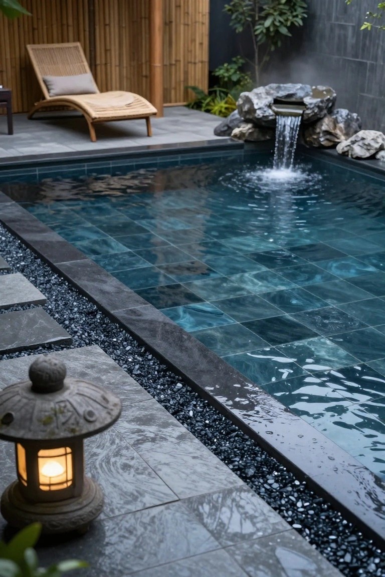 25 Dramatic Dark Blue Pool Tile Ideas With Visual Depth Small rectangular pool lined with dark blue tiles and a rock waterfall at one corner, edged in black stone and gravel, with bamboo fencing, rattan lounger, and lit stone lantern on a dark tiled patio.