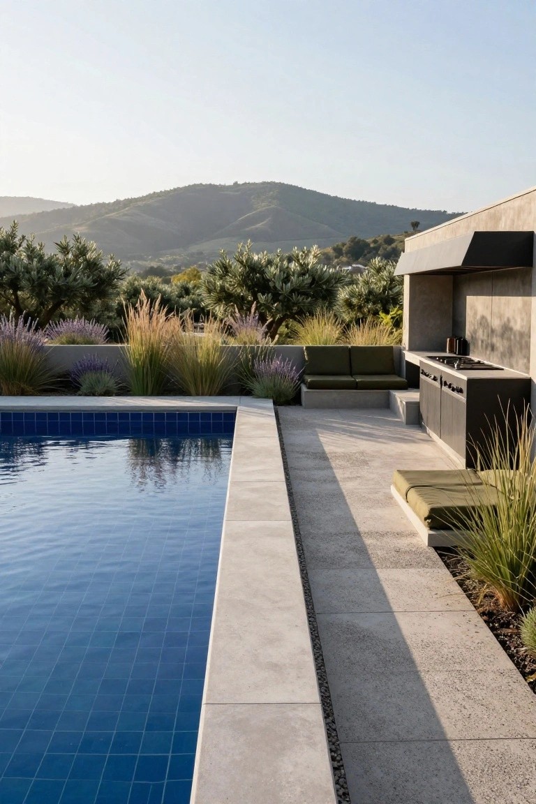 25 Dramatic Dark Blue Pool Tile Ideas With Visual Depth Rectangular pool with dark blue mosaic tiles next to a concrete deck and outdoor kitchen area with built-in grill, green cushions on seats, grasses and lavender plants nearby, and distant hills under a clear sky.
