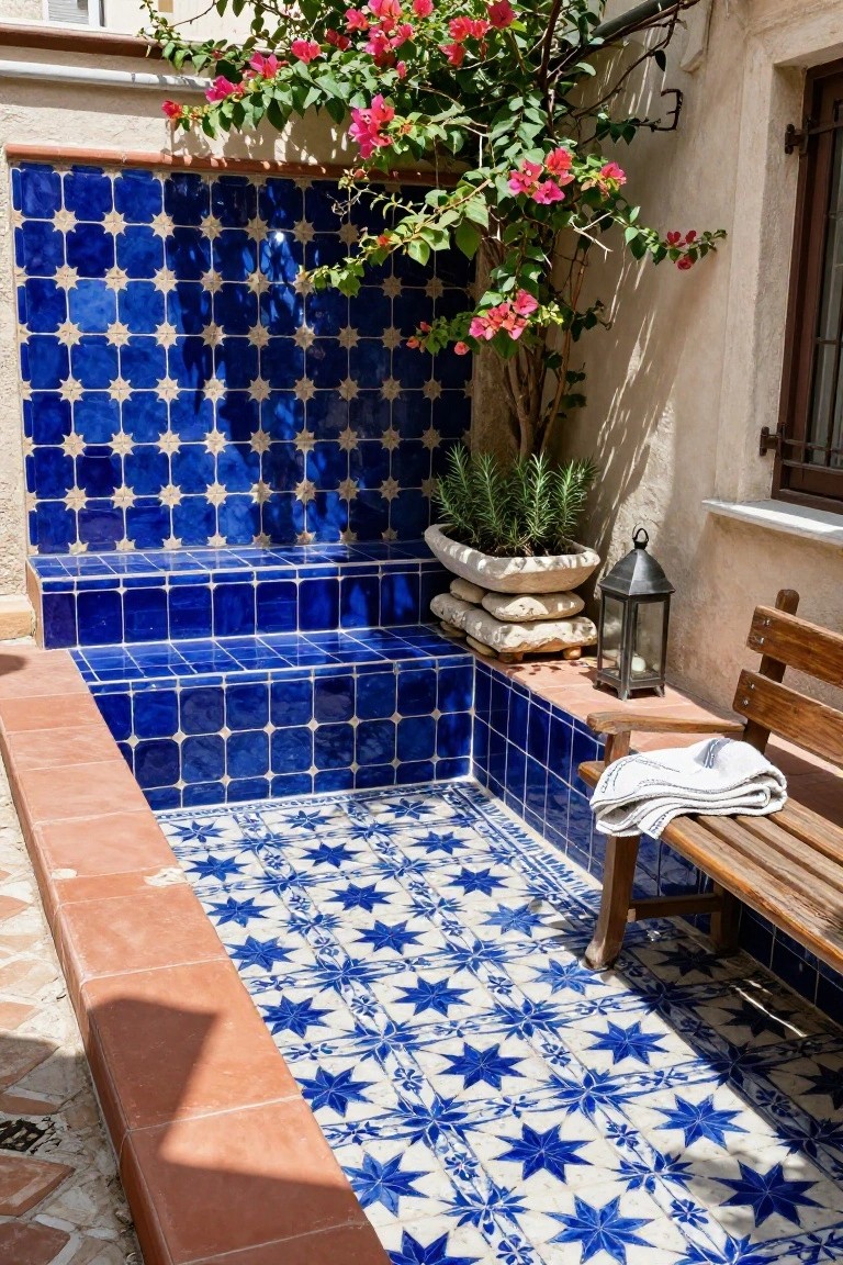 25 Dramatic Dark Blue Pool Tile Ideas With Visual Depth Outdoor courtyard featuring a small tiled pool with dark blue star-patterned tiles on walls, steps, benches, and floor, pink bougainvillea vine, potted rosemary, metal lantern, and wooden bench with white towel.