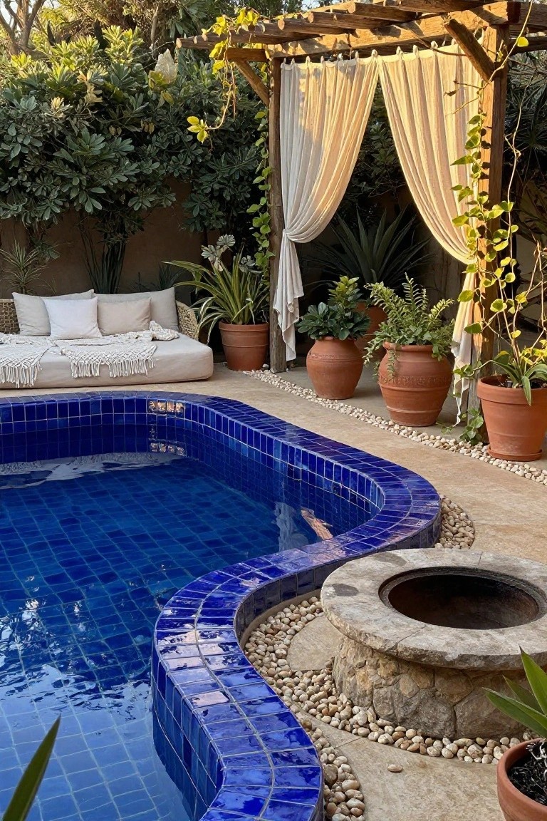 25 Dramatic Dark Blue Pool Tile Ideas With Visual Depth Curved outdoor swimming pool with dark blue mosaic tiles, surrounded by pebble ground cover and stone edging, a stone fire pit adjacent, rattan daybed under wooden pergola with sheer curtains, and various potted plants and greenery.