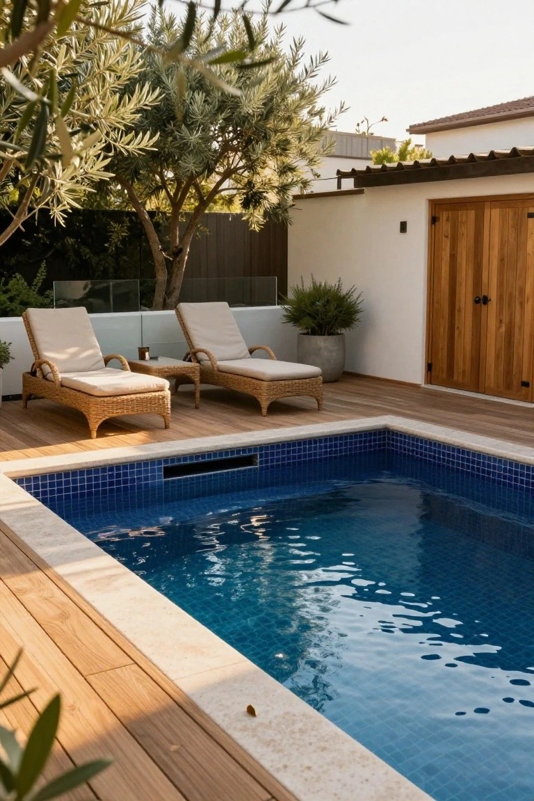 25 Dramatic Dark Blue Pool Tile Ideas With Visual Depth Small square pool with dark blue mosaic tiles edged by light wood decking, two beige rattan loungers on the deck, potted plants and olive trees nearby, white wall and wooden doors in background.