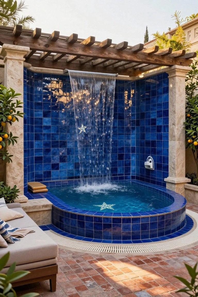 25 Dramatic Dark Blue Pool Tile Ideas With Visual Depth Curved outdoor spa pool lined with dark blue mosaic tiles featuring a cascading waterfall from a matching tiled wall, a metallic star detail, stone pergola structure, orange trees, and nearby cushioned lounge seating on terracotta pavers.