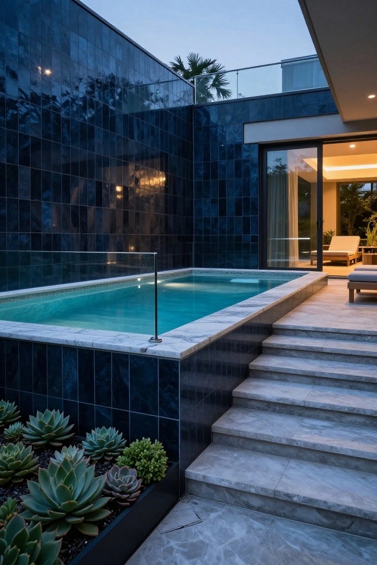 25 Dramatic Dark Blue Pool Tile Ideas With Visual Depth Elevated turquoise pool with dark blue tiled walls on three sides, glass railing, white marble steps leading down, lounge chairs, and potted succulents on a terrace at dusk.