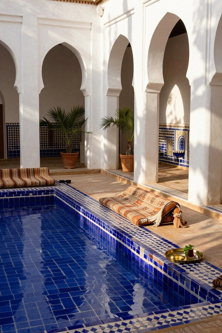 25 Dramatic Dark Blue Pool Tile Ideas With Visual Depth A rectangular pool with dark blue mosaic tiles in a white-walled courtyard featuring Moorish arches, potted palms, striped cushions on the edge, woven rugs, and a brass tray with tea.