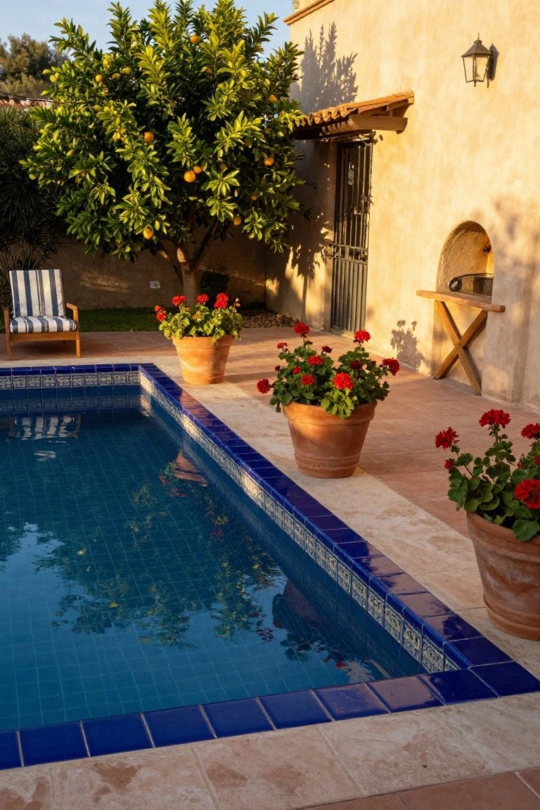 25 Dramatic Dark Blue Pool Tile Ideas With Visual Depth Rectangular swimming pool with dark blue mosaic tiled edges and light stone decking, surrounded by terracotta pots of red geraniums, a striped lounge chair, orange tree, and adjacent stucco house wall with iron gate.